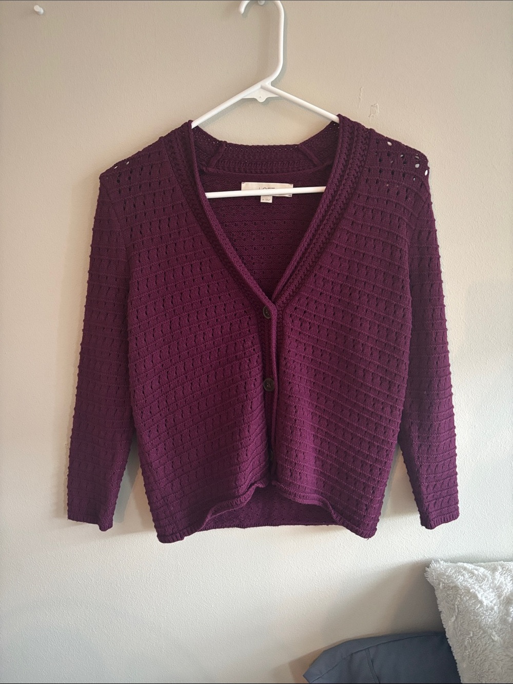 LOFT Plum Crochet V-Neck Cardigan